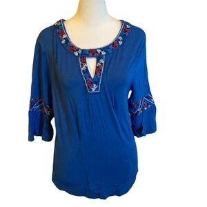 Democracy bell sleeve blouse. V neck with embroidered trim. Size M. Blue.